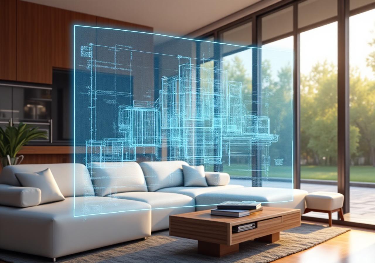 Modern living room with digital overlay showing spatial mapping